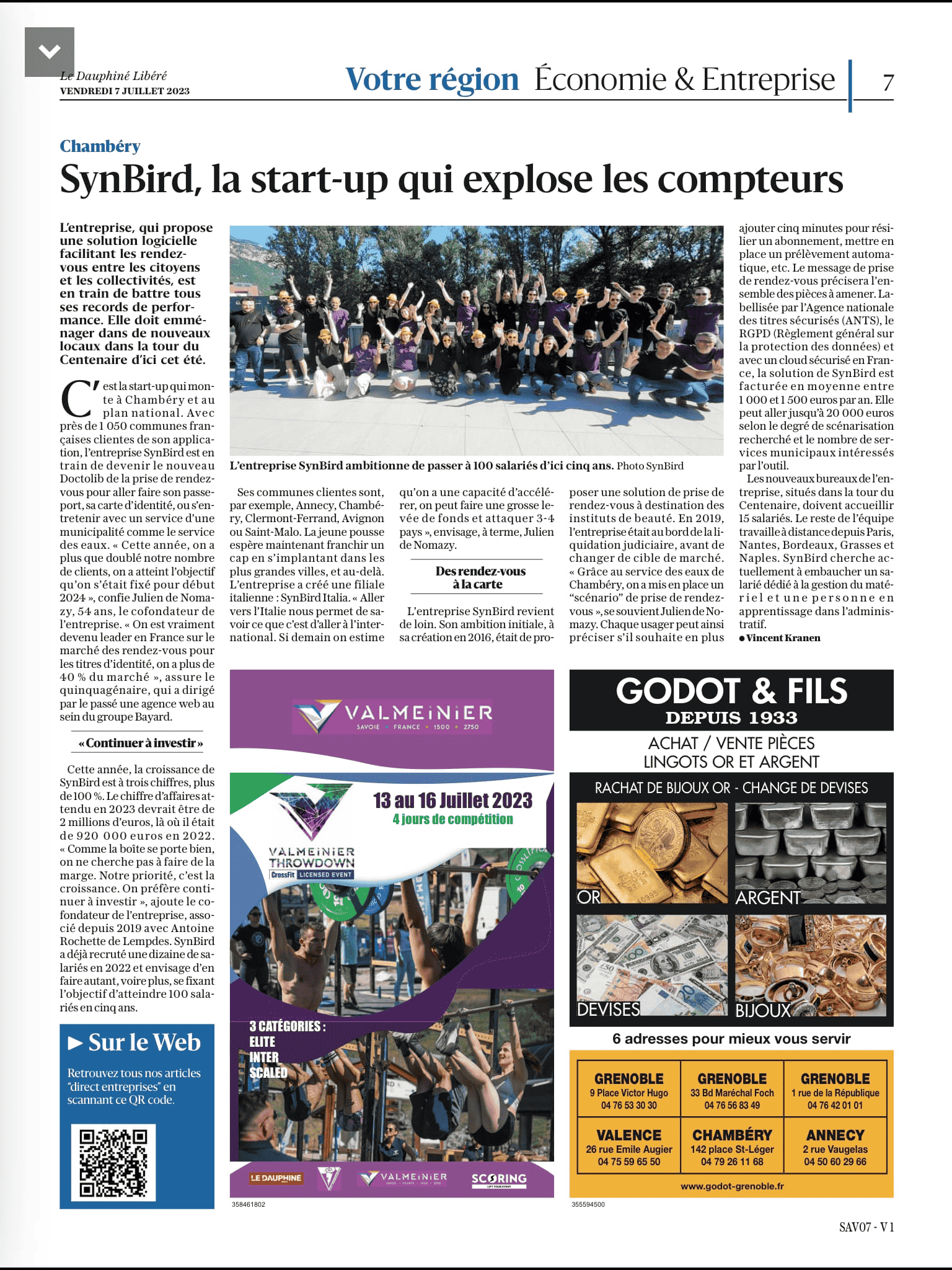 « SynBird, la start-up qui explose les compteurs », article dans le Dauphiné Libéré du 7 juillet